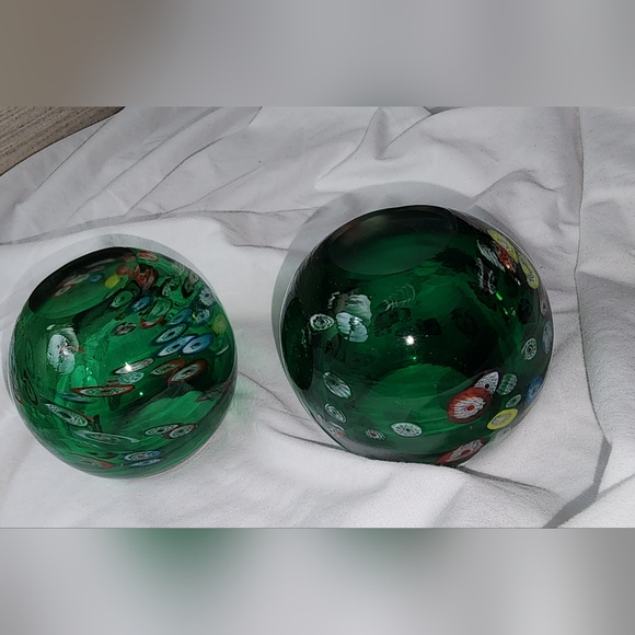 Set of 2 Vintage Blow Art Glass Millefiori Green Votives - Picture 6 of 7